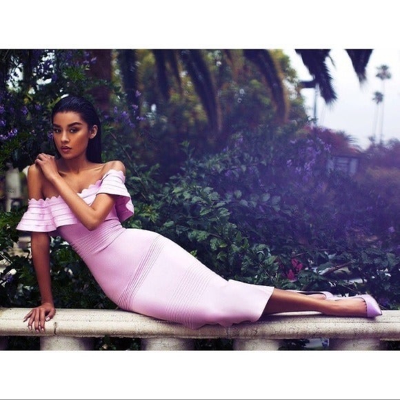 House of CB AMADEA Lilac Fluted Off Shoulder Midi Bandage Dress Large - Picture 6 of 6